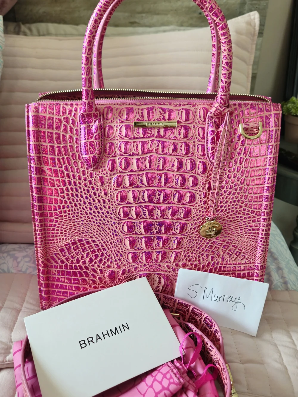 Brahmin Hot Pink Empower Caroline Iridescent Pink Satchel